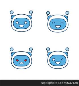 Robot emojis color icons set. Chatbot emoticons. Laughing, happy, angry, winky chat bot smileys. Artificial intelligence. Virtual assistant.Isolated vector illustrations. Robot emojis color icons set