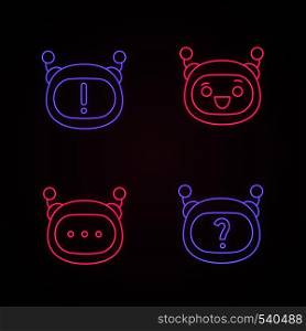 Robot emojis neon light icons set. Chatbot emoticons. Chat bot notification and FAQ, laughing smiley, chatbot message. Artificial intelligence. Virtual assistant. Glowing signs. Vector isolated illustrations. Robot emojis neon light icons set