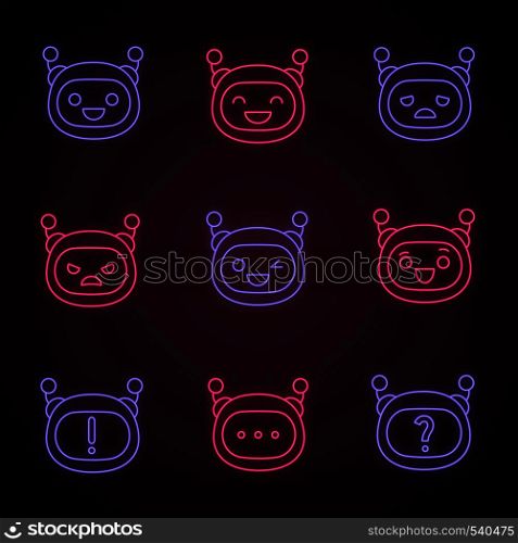 Robot emojis neon light icons set. Chatbot emoticons. Chat bot smileys. Artificial intelligence. Virtual assistant. Artificial conversational entity. Glowing signs. Vector isolated illustrations. Robot emojis neon light icons set
