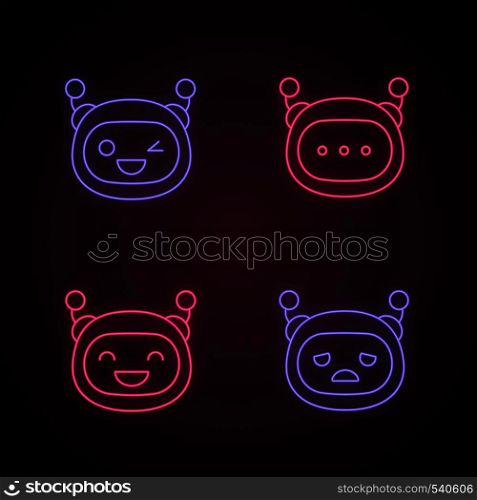 Robot emojis neon light icons set. Chatbot emoticons. Laughing, sad, winky chat bot smileys. Chatbot message. Artificial intelligence. Virtual assistant. Glowing signs. Vector isolated illustrations. Robot emojis neon light icons set