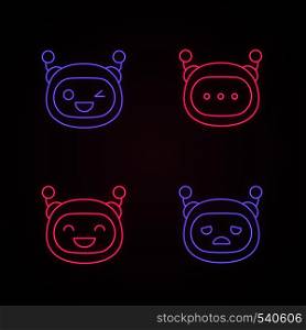 Robot emojis neon light icons set. Chatbot emoticons. Laughing, sad, winky chat bot smileys. Chatbot message. Artificial intelligence. Virtual assistant. Glowing signs. Vector isolated illustrations. Robot emojis neon light icons set