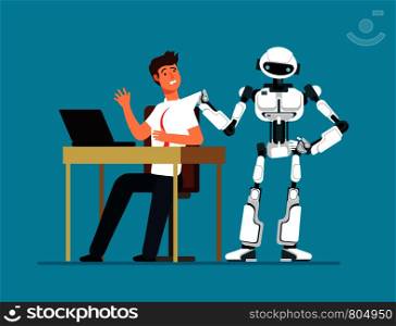 Robot employee kicks away human worker from workplace. Artificial intelligence, man replacement, future jobless vector concept. Machine control, cyborg better human illustration. Robot employee kicks away human worker from workplace. Artificial intelligence, man replacement, future jobless vector concept