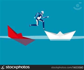 Robot escaping sunken paper boat ship. Concept business vector illustration, Flat character design, Cartoon business style.
