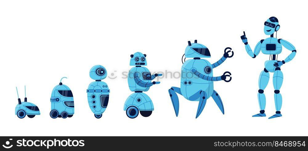 Robot evolution cartoon vector illustration set. Different models of robot characters from simple bot to humanoid android. Artificial intelligence, tech innovation, modern technologies concept