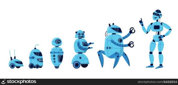 Robot evolution cartoon vector illustration set. Different models of robot characters from simple bot to humanoid android. Artificial intelligence, tech innovation, modern technologies concept