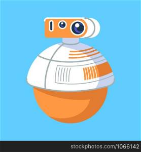 Robot flat vector illustration. Gadget for play, assistance. Robotic device with camera for photography or video surveillance. Machine robotic technology. Isolated cartoon toy on blue background