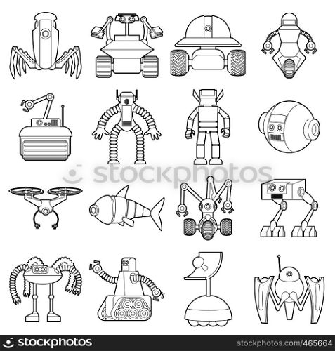 Robot forms icons set. Outline illustration of 16 robot forms vector icons for web. Robot forms icons set, outline style