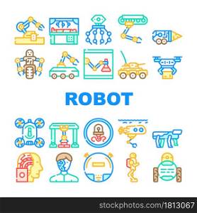 Robot Future Electronic Equipment Icons Set Vector. Military And Underwater Robot, Vacuum Cleaner And Cyborg, Nanorobot And Drone, Robotic Arm Doing Surgery Operation Line. Color Illustrations. Robot Future Electronic Equipment Icons Set Vector