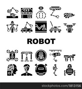Robot Future Electronic Equipment Icons Set Vector. Military And Underwater Robot, Vacuum Cleaner And Cyborg, Nanorobot Drone, Robotic Arm Doing Surgery Operation Glyph Pictograms Black Illustrations. Robot Future Electronic Equipment Icons Set Vector
