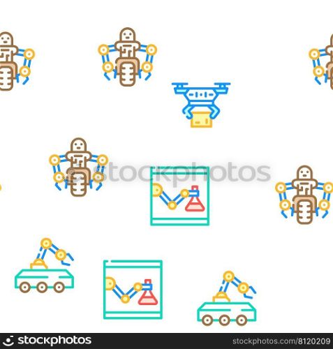 Robot Future Electronic Equipment Vector Seamless Pattern Color Line Illustration. Robot Future Electronic Equipment Icons Set Vector