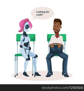 Robot Girl on Chair Talk to Black Man Employee. Character Wait for Office Job Interview. Human Hold Briefcase. Artificial Intelligence. Pensive Candidate Conversation. Flat Cartoon Vector Illustration. Robot Girl on Chair Talk to Black Man Employee