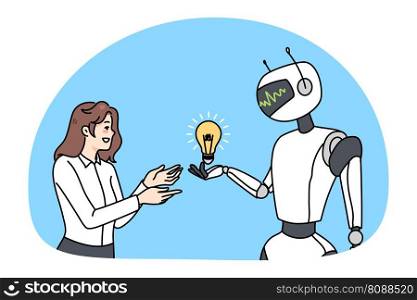 Robot give lightbulb to female employee offer productive business solution. Virtual assistant or cyborg help businesswoman with innovative idea or startup project. Innovation. Vector illustration.. Robot offer lightbulb to female employee