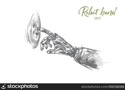 Robot hand concept. Hand drawn robot’s hand is pushing the button. Artificial intelligence working isolated vector illustration.. Robot hand concept. Hand drawn isolated vector.