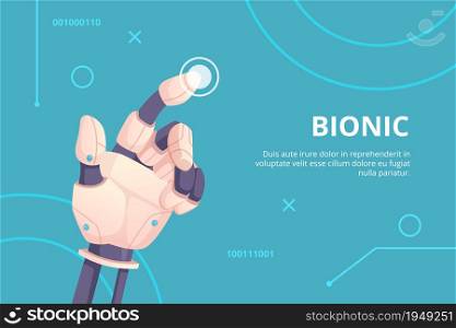 Robot hand pointing. Bionic gestures digital hand touching on screen holographic button futuristic concept vector illustration. Prosthetic artificial showing finger, intelligence android. Robot hand pointing. Bionic gestures digital hand touching on screen holographic button futuristic concept vector illustration
