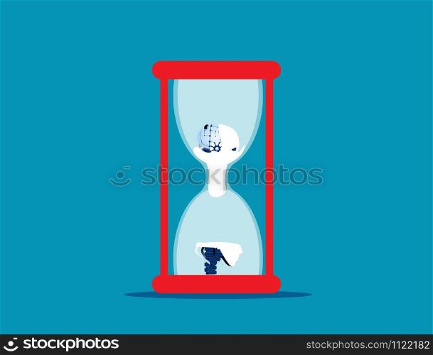 Robot head ageing as pours into bottom of hourglass. Concept business vector illustration.