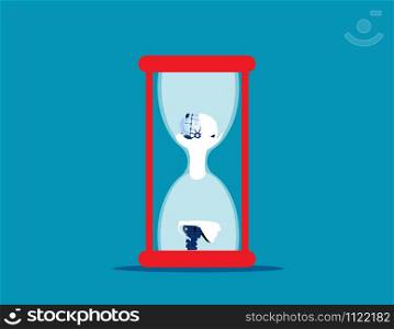 Robot head ageing as pours into bottom of hourglass. Concept business vector illustration.