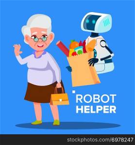 Robot Helper Carrying Cart With Products Of Elderly Woman Vector. Illustration. Robot Helper Carrying Cart With Products Of Elderly Woman Vector. Isolated Illustration