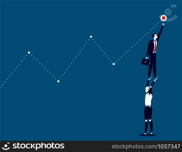 Robot helping businessman and reaching to success. Concept business vector illustration.