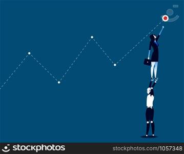 Robot helping businesswoman and reaching to success. Concept business vector illustration.