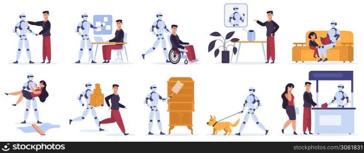 Robot helps human. Artificial intelligent personal assistant, robotic devices helps human owner, serving assisting vector illustration icons set. Doing household chores, walking with dog. Robot helps human. Artificial intelligent personal assistant, robotic devices helps human owner, serving assisting vector illustration icons set
