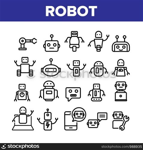 Robot High Technology Collection Icons Set Vector Thin Line. Modern Electronic Robot, Smartphone Chatbot And Computer Support Concept Linear Pictograms. Monochrome Contour Illustrations. Robot High Technology Collection Icons Set Vector