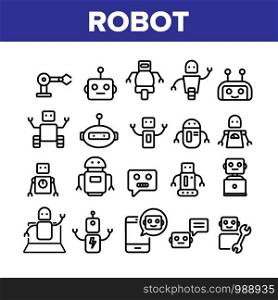 Robot High Technology Collection Icons Set Vector Thin Line. Modern Electronic Robot, Smartphone Chatbot And Computer Support Concept Linear Pictograms. Monochrome Contour Illustrations. Robot High Technology Collection Icons Set Vector