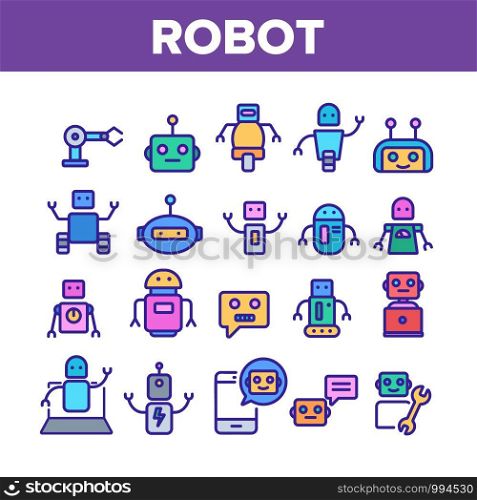 Robot High Technology Collection Icons Set Vector Thin Line. Modern Electronic Robot, Smartphone Chatbot And Computer Support Concept Linear Pictograms. Color Contour Illustrations. Robot High Technology Color Icons Set Vector