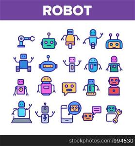 Robot High Technology Collection Icons Set Vector Thin Line. Modern Electronic Robot, Smartphone Chatbot And Computer Support Concept Linear Pictograms. Color Contour Illustrations. Robot High Technology Color Icons Set Vector