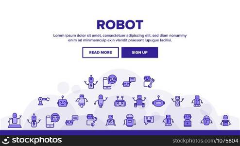 Robot High Technology Landing Web Page Header Banner Template Vector. Modern Electronic Robot, Smartphone Chatbot And Computer Support Illustration. Robot High Technology Landing Header Vector
