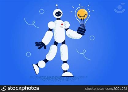 Robot hold lightbulb develop innovative business idea or strategy. Robotic humanoid brainstorm show artificial intelligence. Innovation and science concept. Chat bot. vector illustration. . Robot hold lightbulb develop innovative idea