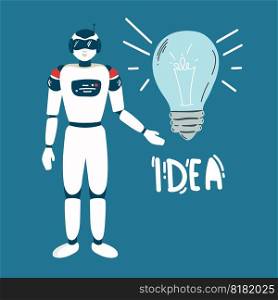 Robot hold lightbulb develop innovative business idea or strategy. Robotic humanoid brainstorm show artificial intelligence. Innovation and science concept. Chat bot. vector illustration.. Robot hold lightbulb develop innovative business idea or strategy. Robotic humanoid brainstorm show artificial intelligence. Innovation and science concept. Chat bot. vector illustration