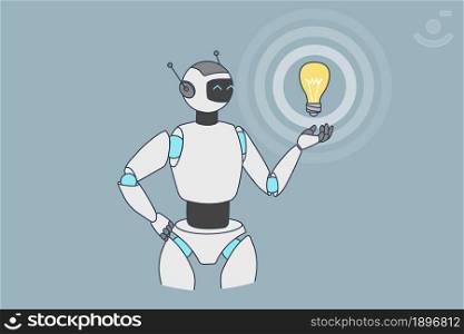 Robot hold lightbulb think generate ideas. Humanoid cyborg develop thought brainstorm. Artificial intelligence concept. Digital virtual helper or assistant. Modern technology. Vector illustration. . Robot or humanoid hold lightbulb generate idea
