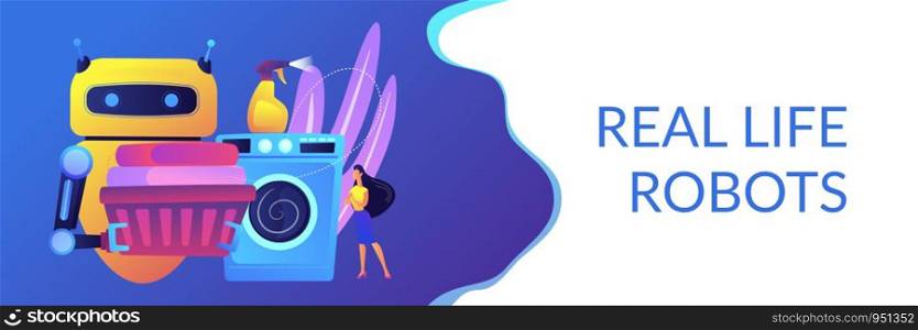 Robot holding basket with laundry and washing clothes in washing machine. Home robot technology, real life robots, personal domestic robots concept. Header or footer banner template with copy space.. Home robot technology concept banner header.