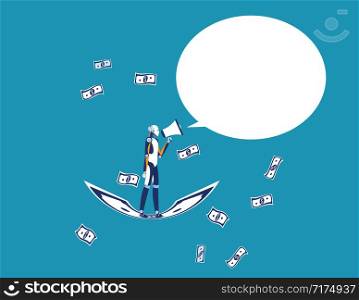 Robot holding megaphone and standing with banknote. Concept business vector illustration.