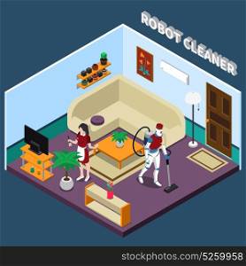 Robot Housewife And Cleaner Professions. Robot professions 3d design concept with artificial housewife and cleaner in isometric home interior vector illustration