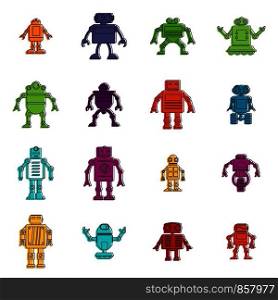 Robot icons set. Doodle illustration of vector icons isolated on white background for any web design. Robot icons doodle set