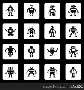 Robot icons set in white squares on black background simple style vector illustration. Robot icons set squares vector