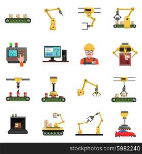 Robot Icons Set. Robot icons set with conveyor mechanic and electronics symbols flat isolated vector illustration