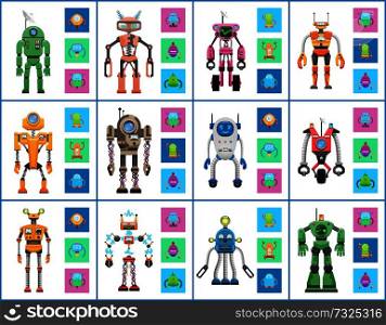 Robot industry collection, vector illustrations isolated on white backdrop, humanoids and droids set, robots with lamps, buttons and info dashboards. Robot Industry Collection, Vector Illustrations