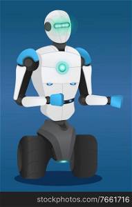 Robot innovation technology with light isolated ob blue. 3d view of automation metal machine in shape of human character with rising hands. Modern future with smart tech symbol of robotic vector. Smart Metal Machine Robotic Technology Vector