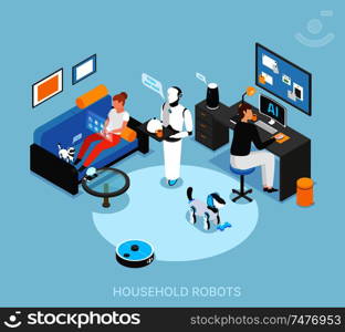 Robot integrated smart home with programmed humanoid cooking serving meals cleaning learning tasks isometric composition vector illustration