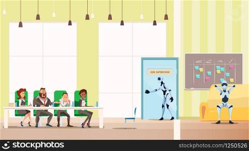 Robot Job Interview Process in Open Space Office. Male Bot Candidate Walk into Door. Artificial Intelligence in Corridor. Human Boss HR Sit at Working Table. Flat Cartoon Vector Illustration. Robot Job Interview Process in Open Space Office