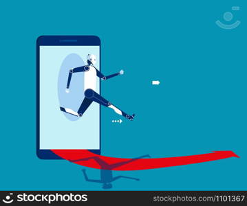 Robot jumping out of the smart phone. Concept business starting online vector illustration.