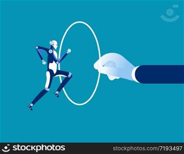 Robot jumping through a hoop. Concept business vector illustration. Jump, Technology, Cyborg.. Robot jumping through a hoop. Concept business vector illustration. Jump, Technology, Cyborg.