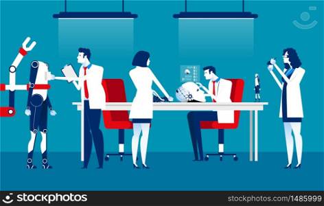 Robot laboratory. Technology experiments artificial intelligence. Concept business vector illustration.