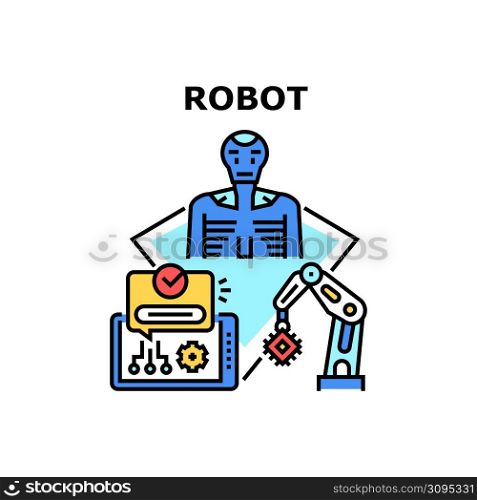 Robot Machine Vector Icon Concept. Robot Machine Electronic Technology For Help And Working Robotic Arm On Factory Conveyor. Digital Tablet Device And Cyborg Innovation System Color Illustration. Robot Machine Vector Concept Color Illustration