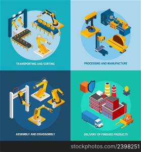 Robot machinery design concept set with transporting sorting processing and manufacture isometric icons isolated vector illustration. Isometric Robot Machinery