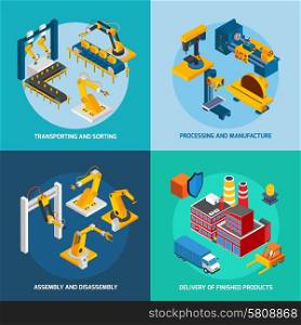 Robot machinery design concept set with transporting sorting processing and manufacture isometric icons isolated vector illustration. Isometric Robot Machinery