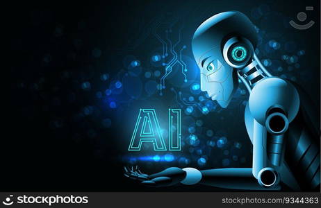 Robot man Artificial intelligence with a beautiful face look at logo AI on hand in blue circuit bokeh blur virtual cyberspace futuristic technology illustration. 