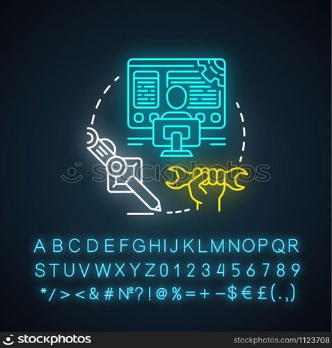 Robot modeling neon light concept icon. Creating computers idea. Making design of electronics, devices. Developing robotics. Glowing sign with alphabet, numbers, symbols. Vector isolated illustration. Robot modeling neon light concept icon. Creating computers idea. Making design of electronics, devices. Developing robotics. Glowing sign with alphabet, numbers and symbols. Vector isolated illustration